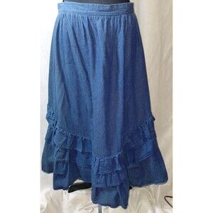 Hunters Run Ruffled Tiered Maxi Skirt Womens 14 Blue Denim 90s Lightweight